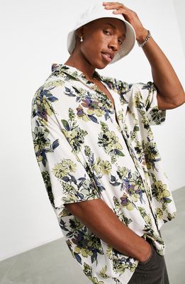 ASOS DESIGN Boxy Oversize Floral Short Sleeve Button-Up Shirt in Beige