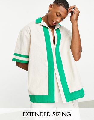 ASOS DESIGN boxy oversized linen shirt with color block panels in ecru & green-Neutral