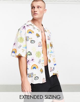 ASOS DESIGN boxy oversized revere linen mix shirt in doodle print-Multi
