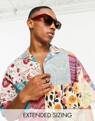 ASOS DESIGN boxy oversized revere linen mix shirt in patchwork floral print-Multi