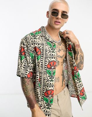 ASOS DESIGN boxy oversized revere linen mix shirt in postcard floral print-Multi