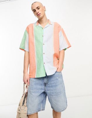ASOS DESIGN boxy oversized revere stripe shirt in linen mix-Multi