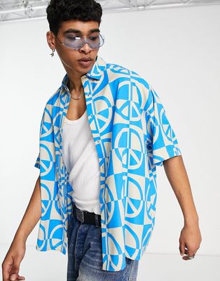 ASOS DESIGN boxy oversized shirt in peace sign print-Blue