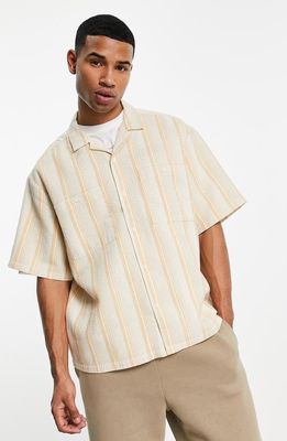 ASOS DESIGN Boxy Revere Collar Stripe BUtton-Up Shirt in Beige