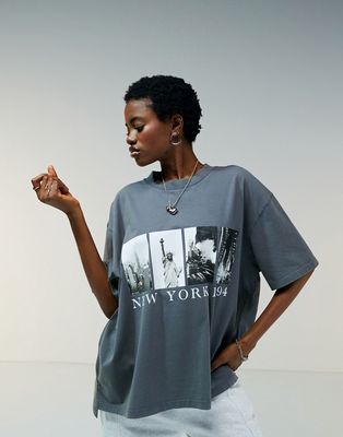 ASOS DESIGN boyfriend fit T-shirt with New York 1994 graphic in washed charcoal-Gray