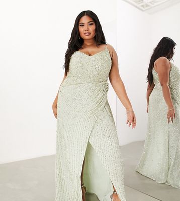 ASOS DESIGN Bridesmaid Curve embellished drape side cami maxi dress in sage green