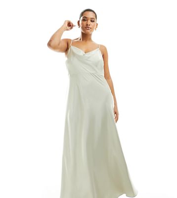 ASOS DESIGN Bridesmaid Curve satin cowl neck maxi dress with full skirt in sage green
