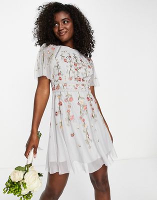 ASOS DESIGN Bridesmaid floral embroidered flutter sleeve mini dress with embellishment in soft blue