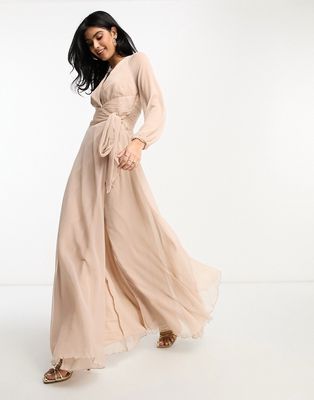 ASOS DESIGN Bridesmaid long sleeve ruched maxi dress with wrap skirt in blush-Pink
