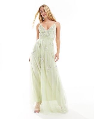 ASOS DESIGN Bridesmaid pearl embellished cami maxi dress with floral embroidery in sage-Green