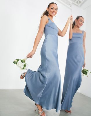 ASOS DESIGN Bridesmaid satin square neck maxi dress in dusky blue