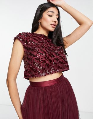 ASOS DESIGN Bridesmaid sequin top with ribbon bow back in wine - part of a set-Red