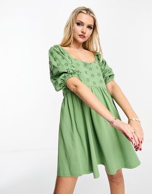 ASOS DESIGN broderie mini smock dress with curve seam in light khaki-Green