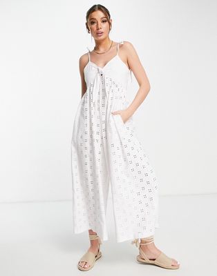 ASOS DESIGN broderie tie front jumpsuit in white