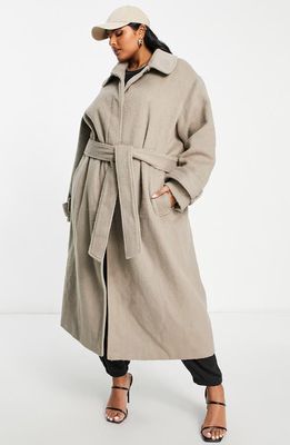 ASOS DESIGN Brushed Belted Longline Coat in Brown