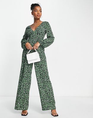 ASOS DESIGN bubble crepe button back long sleeve jumpsuit in leopard print-Multi