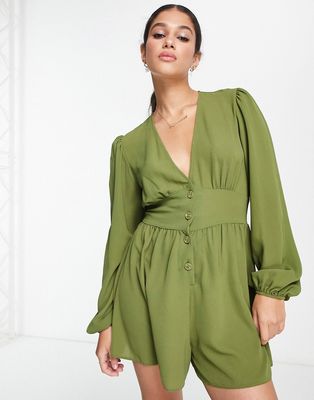 ASOS DESIGN bubble crepe plunge neck romper with puff sleeve in khaki-Green