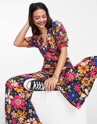 ASOS DESIGN bubble crepe V-neck puff sleeve jumpsuit in ditsy floral-Multi
