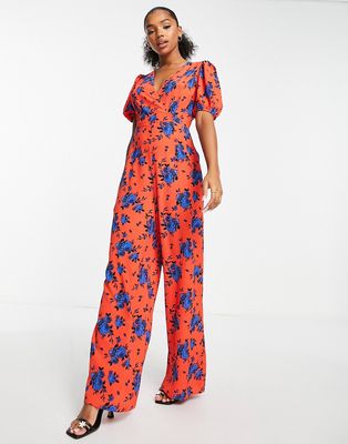 ASOS DESIGN bubble crepe V-neck puff sleeve jumpsuit in floral print-Multi