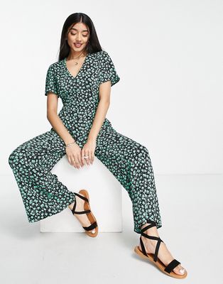 ASOS DESIGN bubble short sleeve tea culotte jumpsuit in black and green floral-Multi