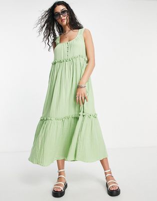 ASOS DESIGN button detail trapeze tiered double cloth maxi sundress in green