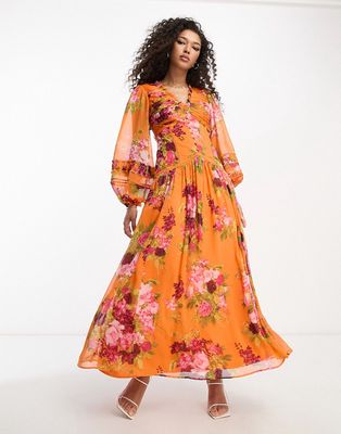 ASOS DESIGN button through pintuck maxi dress with lace inserts in orange floral print-Multi