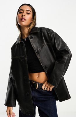 ASOS DESIGN Button-Up Leather Jacket in Black