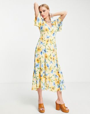 ASOS DESIGN button up tie back midi tea dress with angel sleeve in peach floral and spot print-Multi