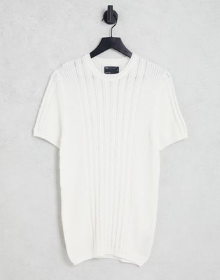 ASOS DESIGN cable knit muscle fit T-shirt in off white