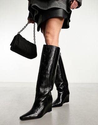 ASOS DESIGN Cali premium leather wedge knee boots in black