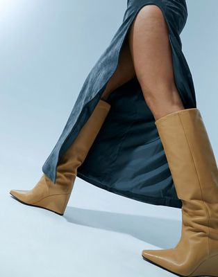 ASOS DESIGN Cali premium leather wedge knee boots in camel-Neutral