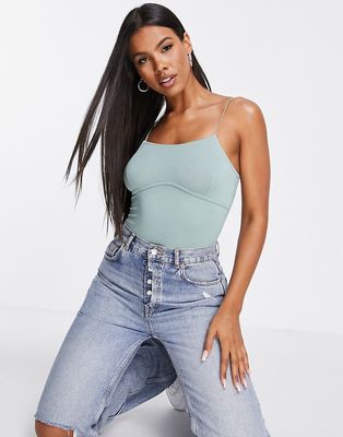 ASOS DESIGN cami bodysuit with corset bust seams in sage-Green