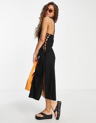 ASOS DESIGN cami linen midi slip sundress with split and lace up side in black