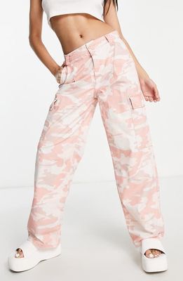 ASOS DESIGN Camo Print Slouchy Cotton Cargo Trousers in Pink