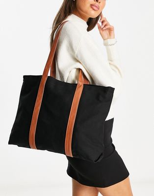 ASOS DESIGN canvas tote bag with laptop compartment with PU straps in black