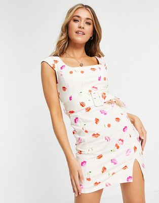 ASOS DESIGN cap sleeve belted mini dress in cherry print-Multi