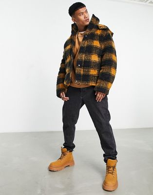 ASOS DESIGN check regular fit puffer in brown and orange with hood