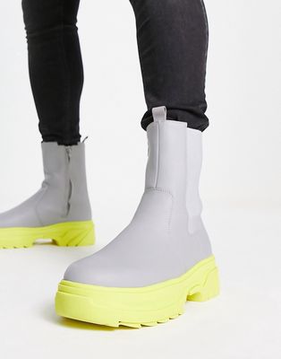 ASOS DESIGN chelsea calf boot in gray faux leather with contrast yellow chunky sole