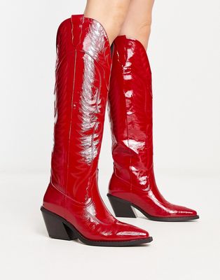 ASOS DESIGN Chester contrast stitch western knee boot in red