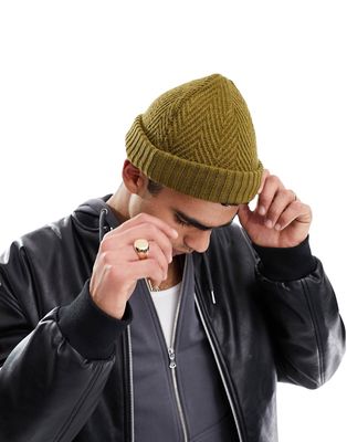 ASOS DESIGN chevron cable knit beanie in khaki-Green