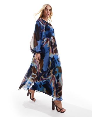 ASOS DESIGN chiffon maxi smock dress with scallop waist in purple abstract print-Multi