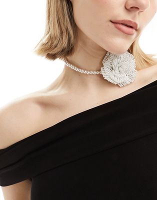 ASOS DESIGN choker necklace with faux pearl corsage detail-White