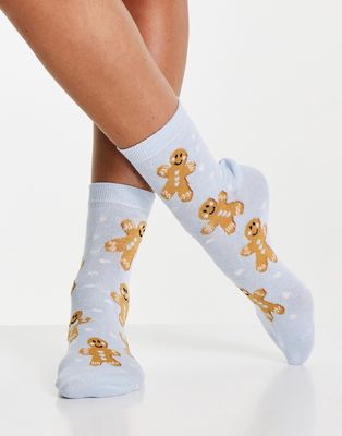 ASOS DESIGN Christmas ankle socks in gingerbread print in blue-Blues