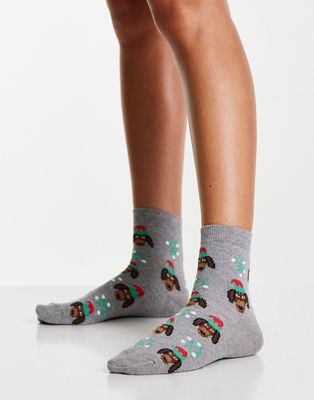 ASOS DESIGN Christmas ankle socks in sausage dog print in gray-Grey