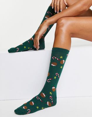 ASOS DESIGN Christmas calf length socks in candy cane print in green