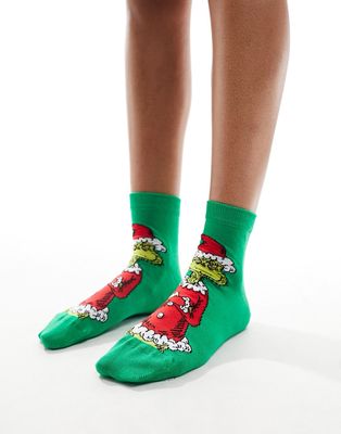 ASOS DESIGN Christmas grinch ankle socks in green-Multi