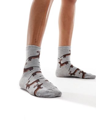 ASOS DESIGN Christmas sausage dog ankle socks in gray