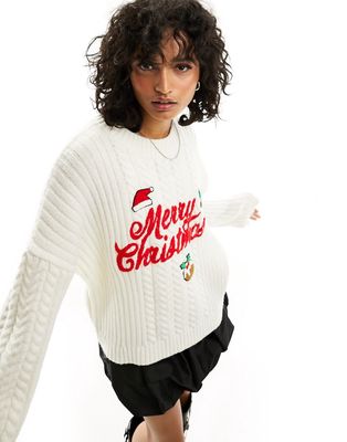 ASOS DESIGN Christmas sweater in cable knit with applique-White