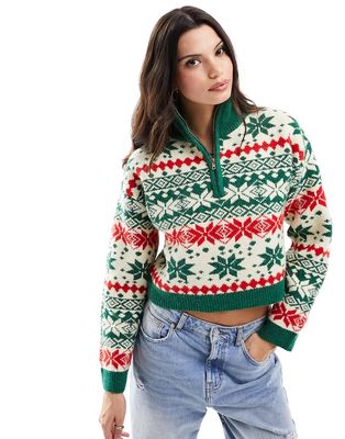 ASOS DESIGN Christmas sweater with zip neck in fairisle pattern-Multi