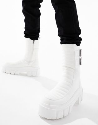 ASOS DESIGN chunky boots in white faux leather with padding and buckle details